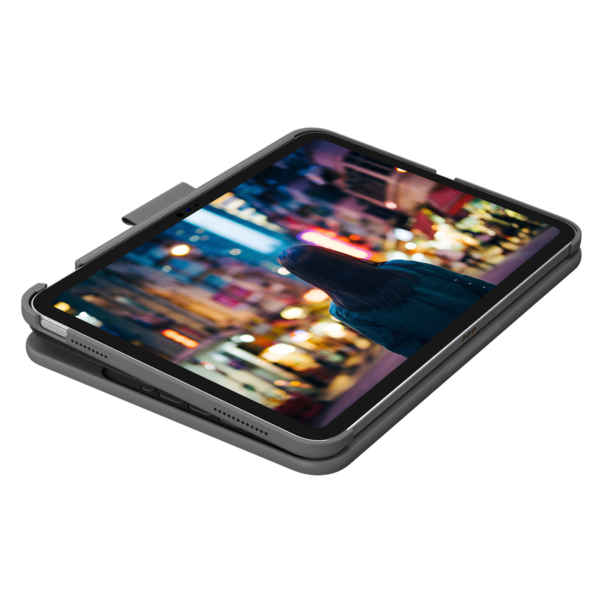 Tablet in einem grauen Gehäuse, der Bildschirm zeigt eine Stadtszene. Die Hülle ist offen.