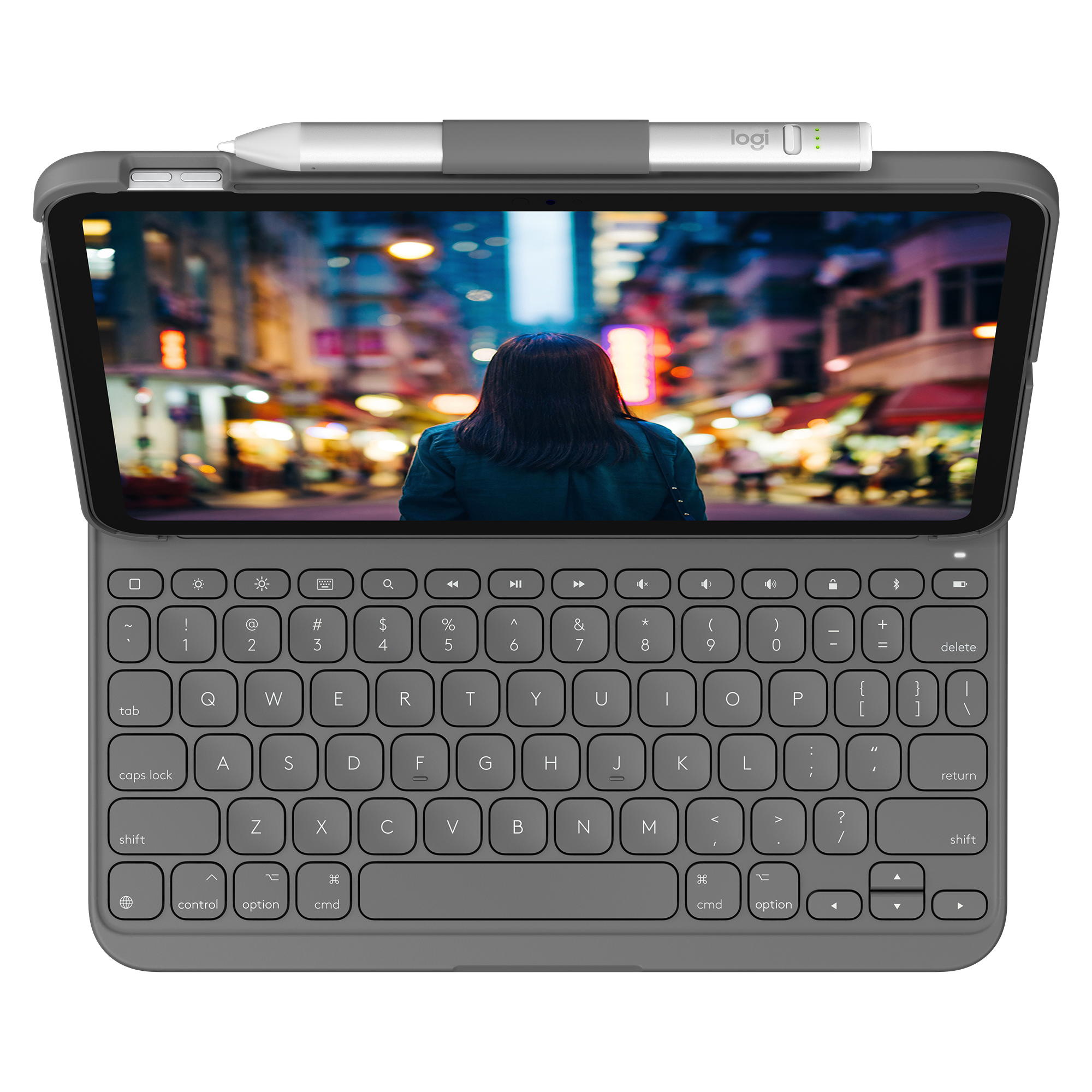 Tablet mit Tastaturhülle, zeigt ein Bild auf dem Bildschirm, mit einem Stift oben.