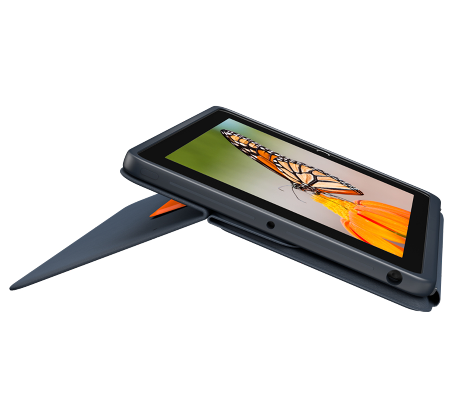 Tablet z motylem na ekranie, w ciemnym etui, ze stojakiem. Białe tło.