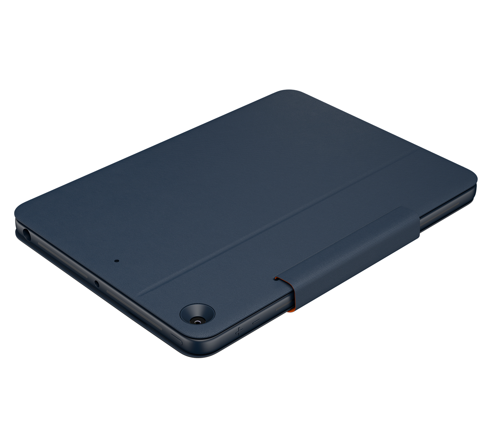 Zamknięte niebieskie etui na tablet z boczną kamerą i małym pomarańczowym akcentem.