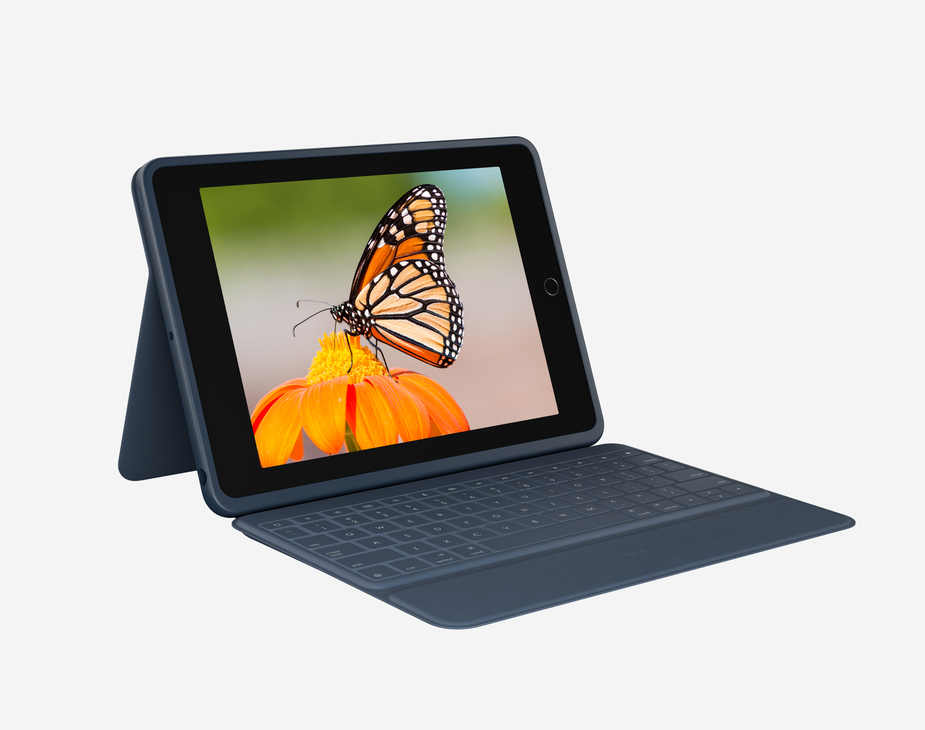 Tablet ze zdjęciem motyla na kwiatku. Białe tło.
