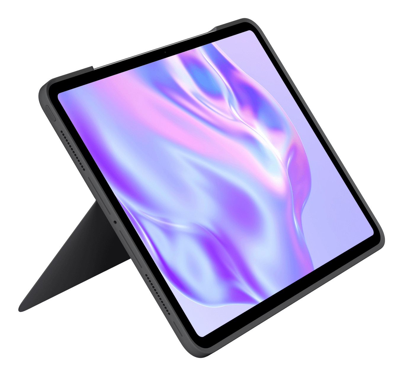 Tablet con immagine astratta colorata sullo schermo, in custodia scura, con supporto.