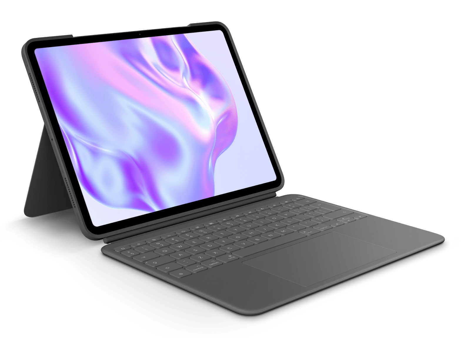 Tablet con tastiera collegata, che mostra un'immagine astratta viola e bianca.