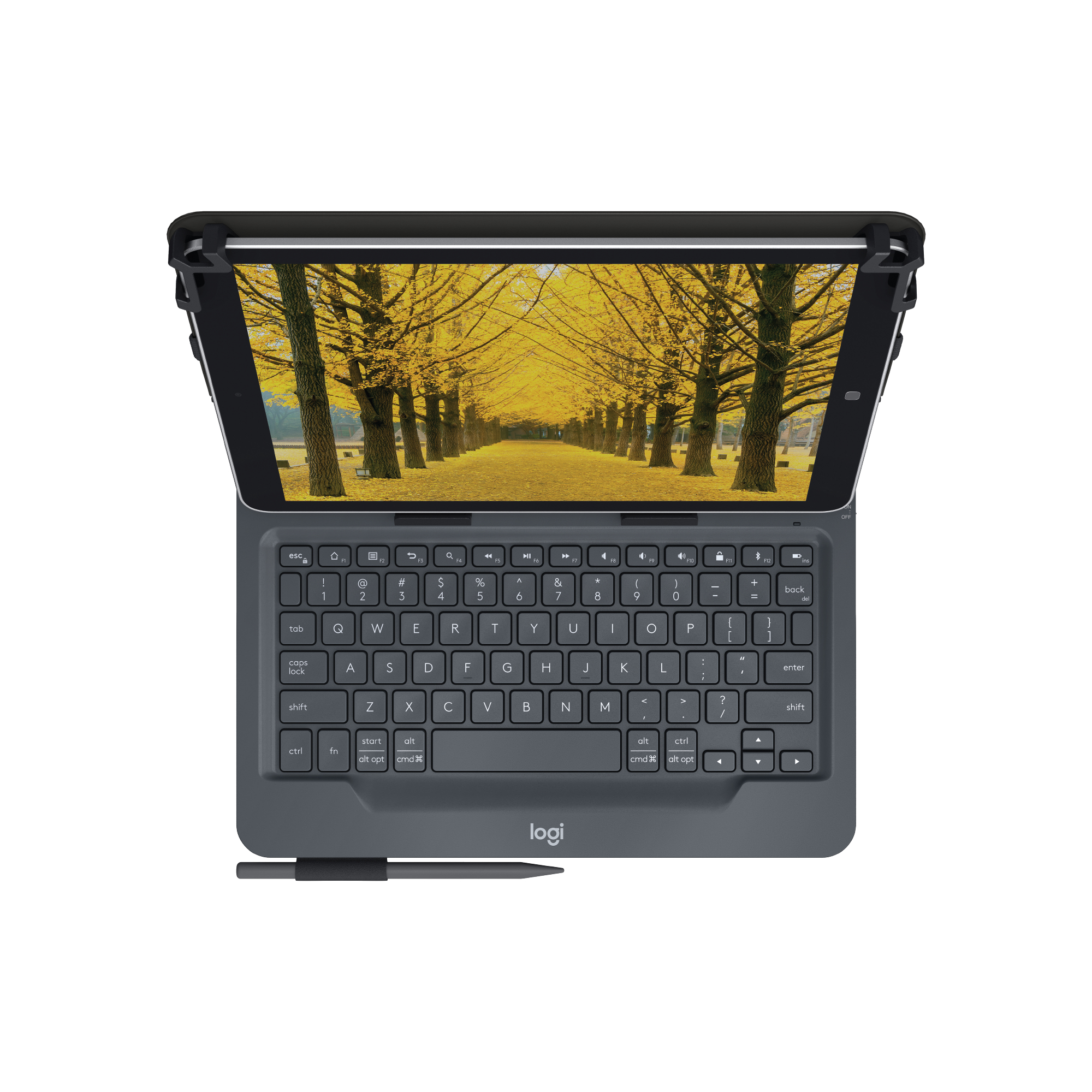 Tablet con tastiera e penna. Lo schermo mostra un sentiero alberato con foglie gialle.