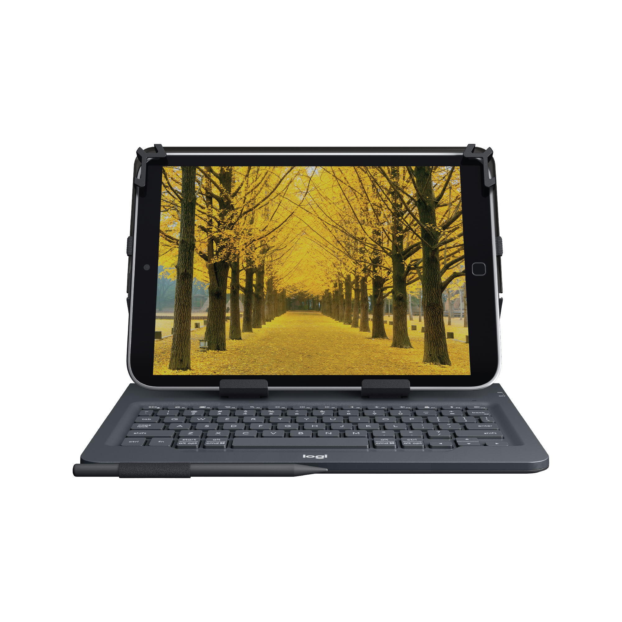 Tablet in una custodia grigio scuro con tastiera. Lo schermo mostra una scena di fogliame autunnale giallo.