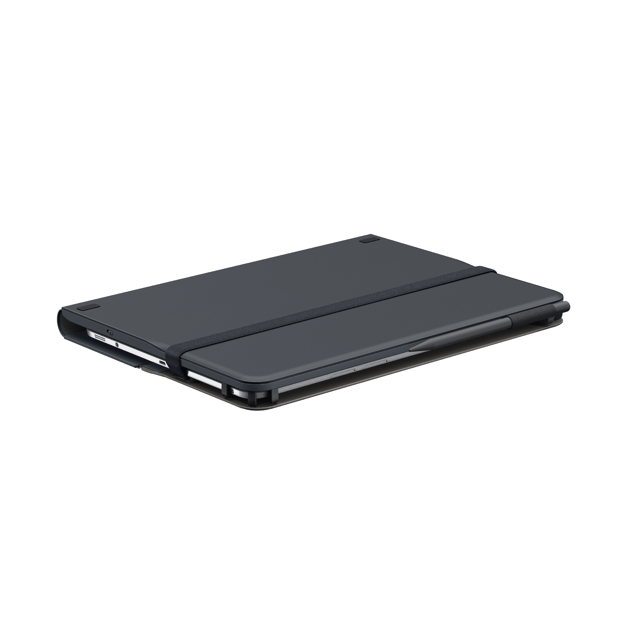 Custodia per iPad grigio scuro chiusa con una fascia elastica nera e uno stilo attaccato.