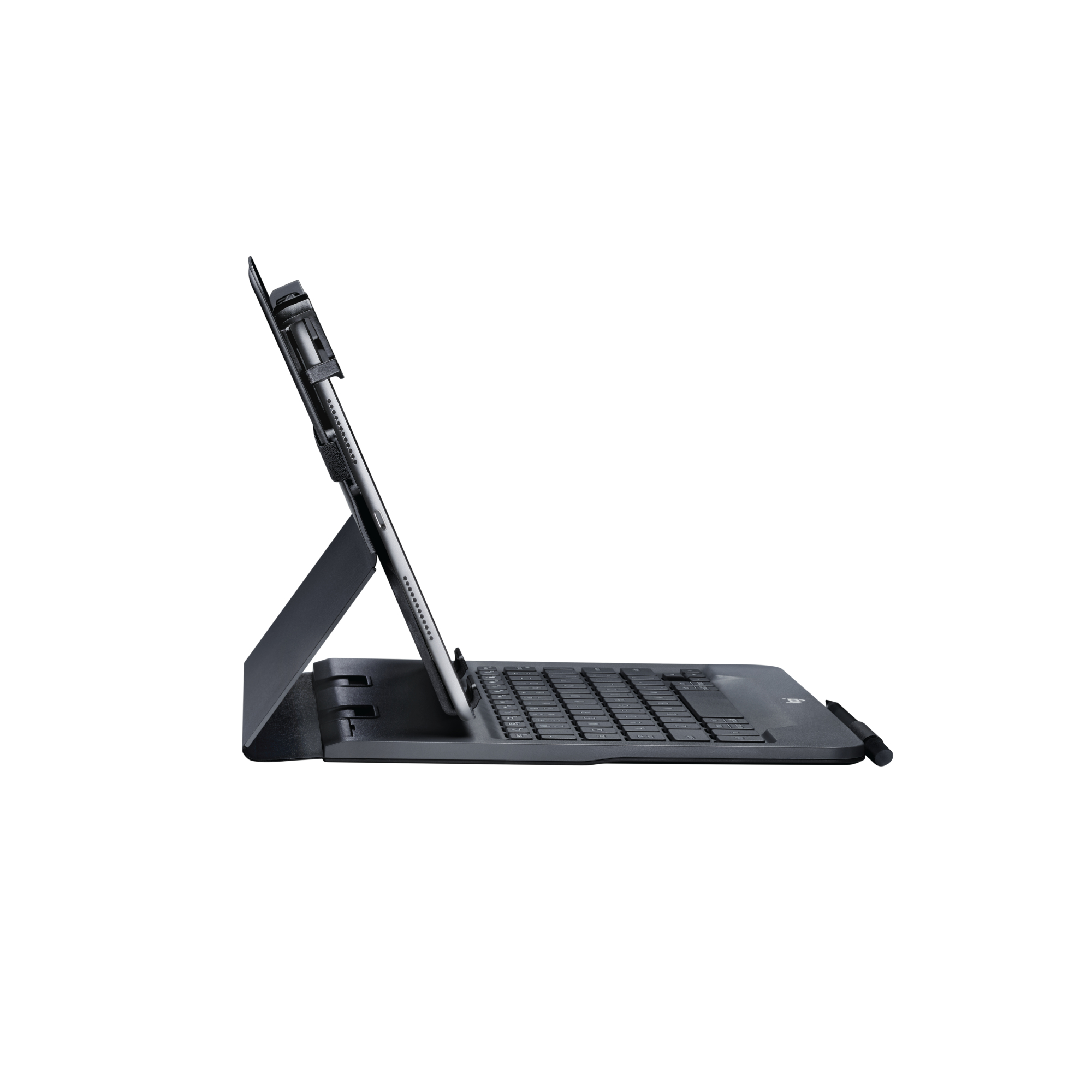 Tablet nero con custodia per tastiera. Vista laterale. Sfondo bianco.