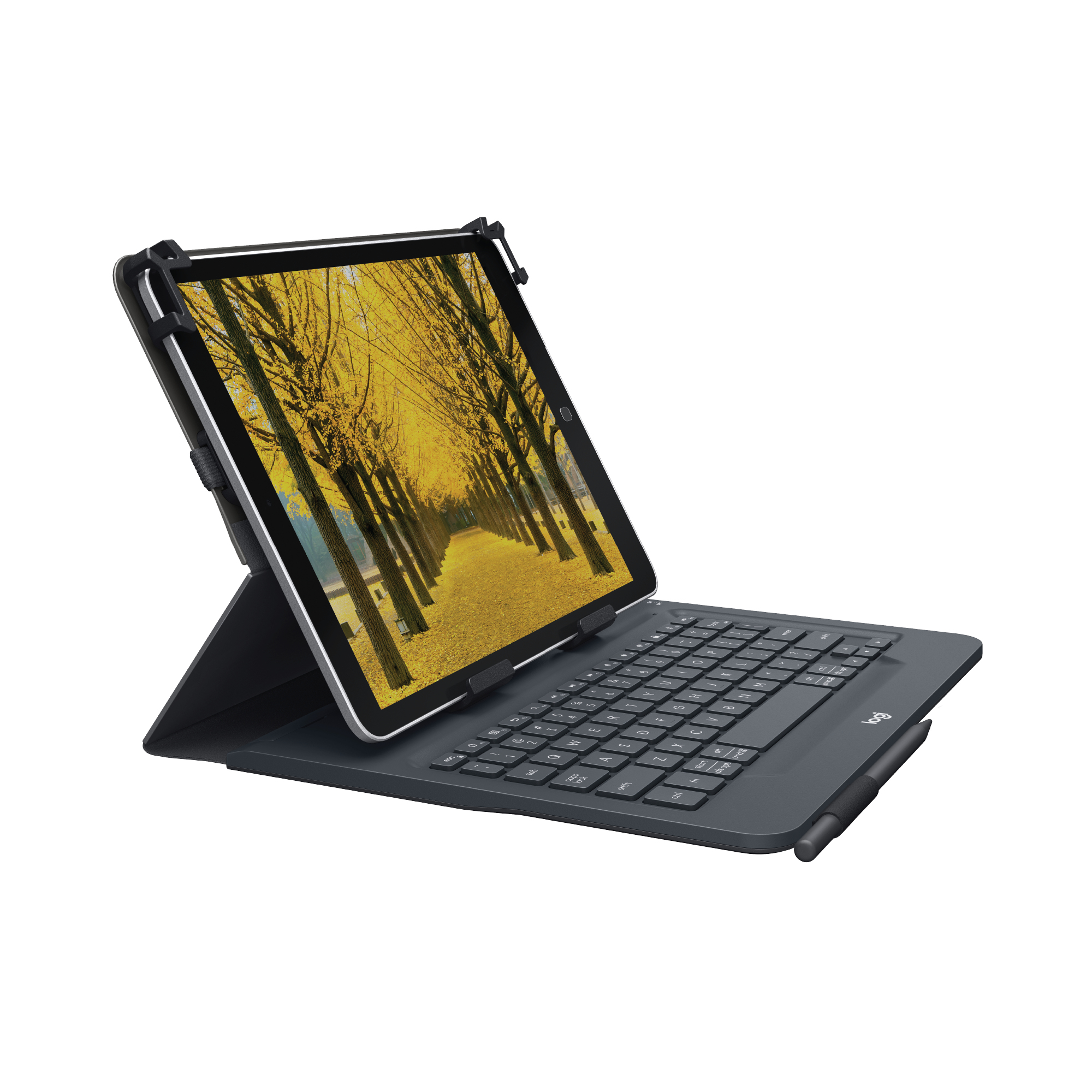 Tablet con custodia per tastiera, schermo mostra un percorso tra alberi con foglie gialle.