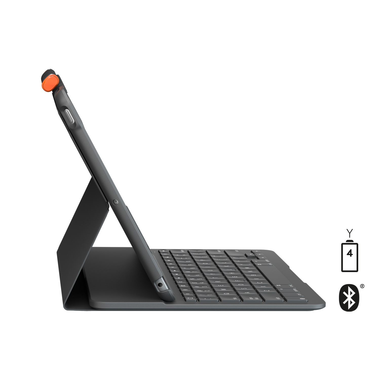 Vista laterale di un tablet con tastiera. Il tablet è grigio, la tastiera nera con sfondo bianco.