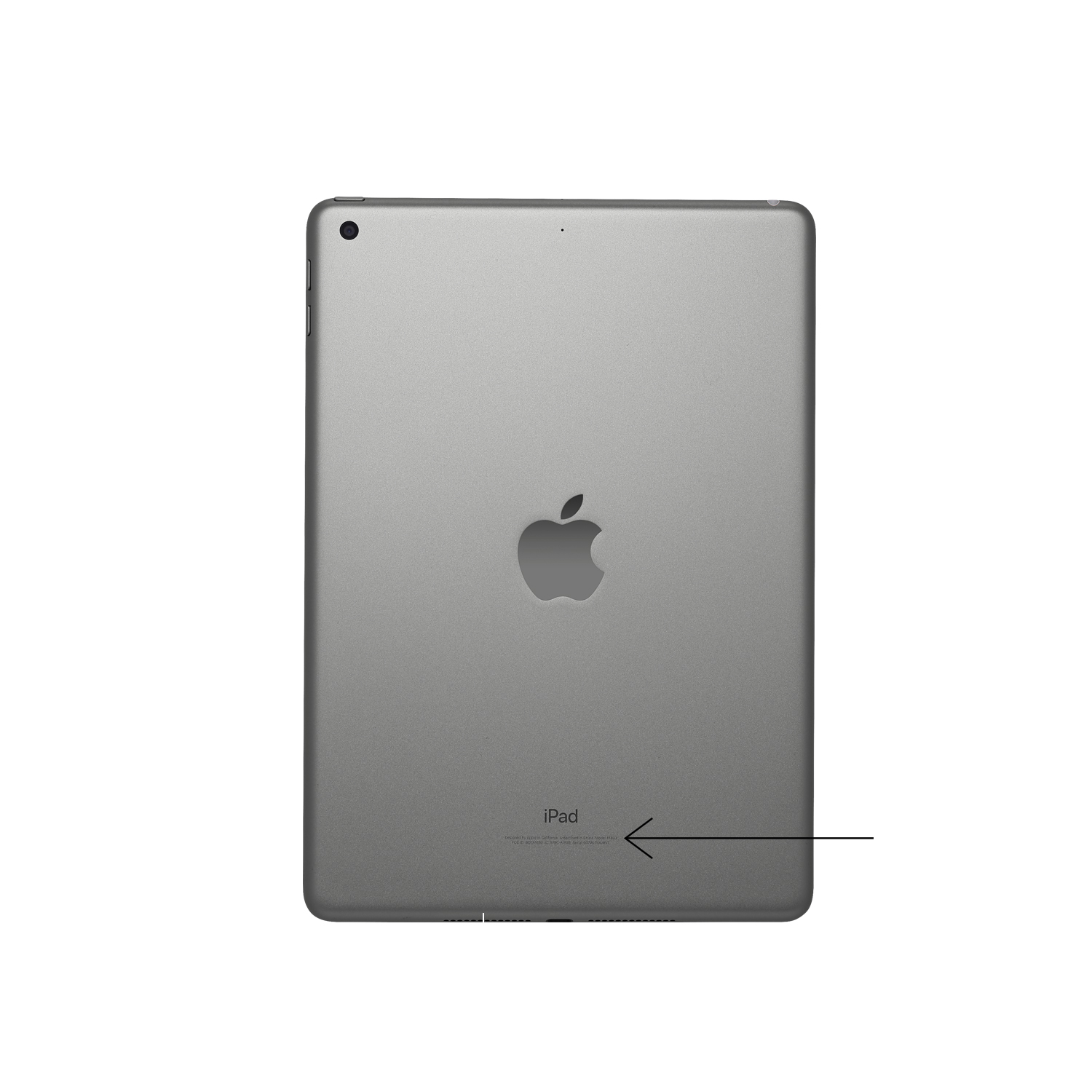 Un iPad grigio su sfondo bianco, lato posteriore verso l'alto, con il logo Apple.