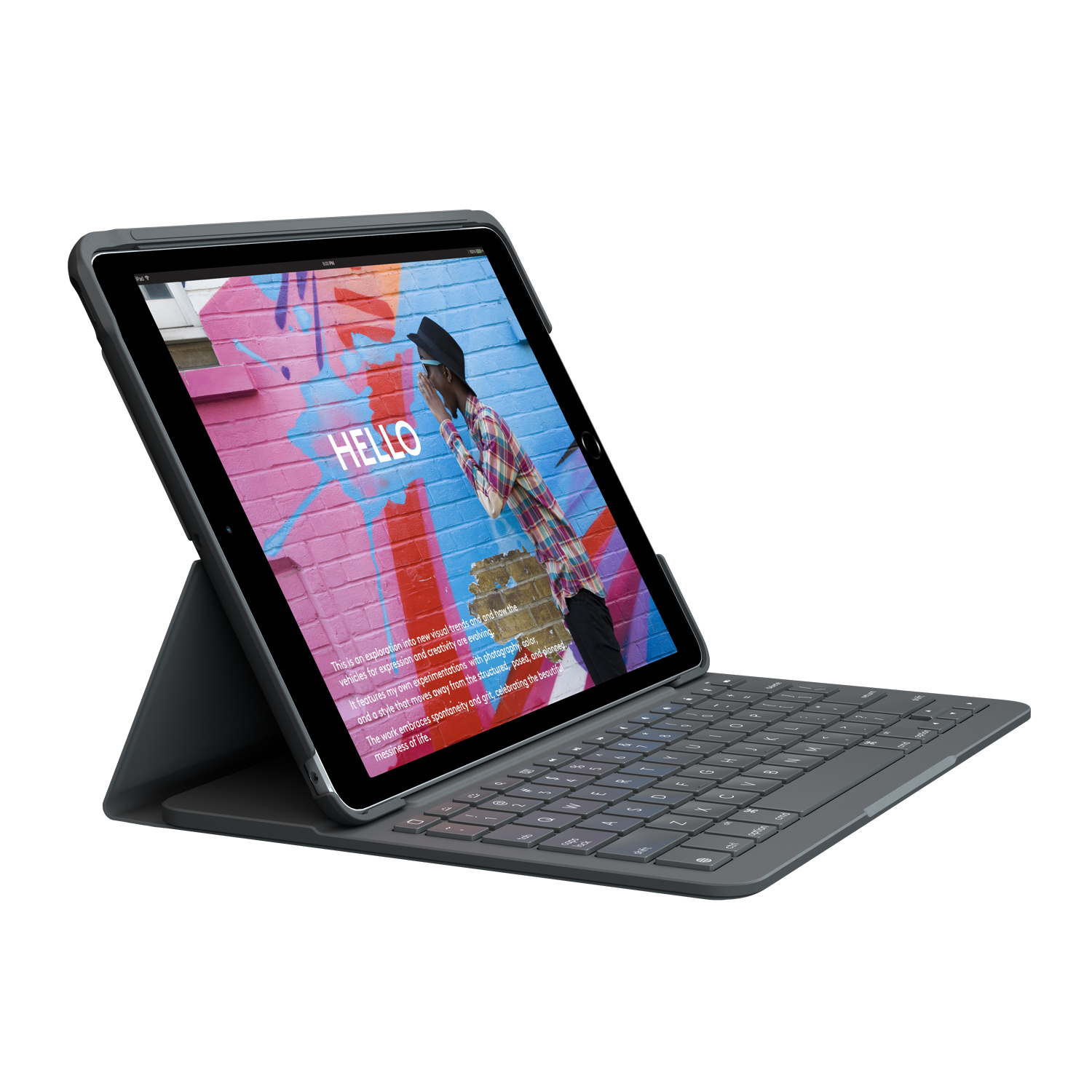 Un iPad con custodia tastiera che mostra un muro colorato.