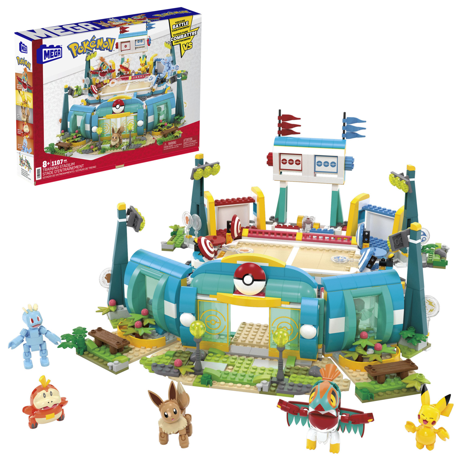 Ein Pokemon-Stadion-Set mit Figuren und einer Box. Das Set ist bunt.