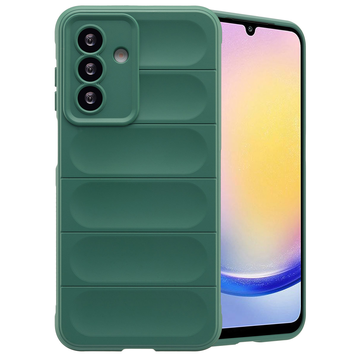 Coque de téléphone verte avec design texturé, protégeant un téléphone. Écran visible.