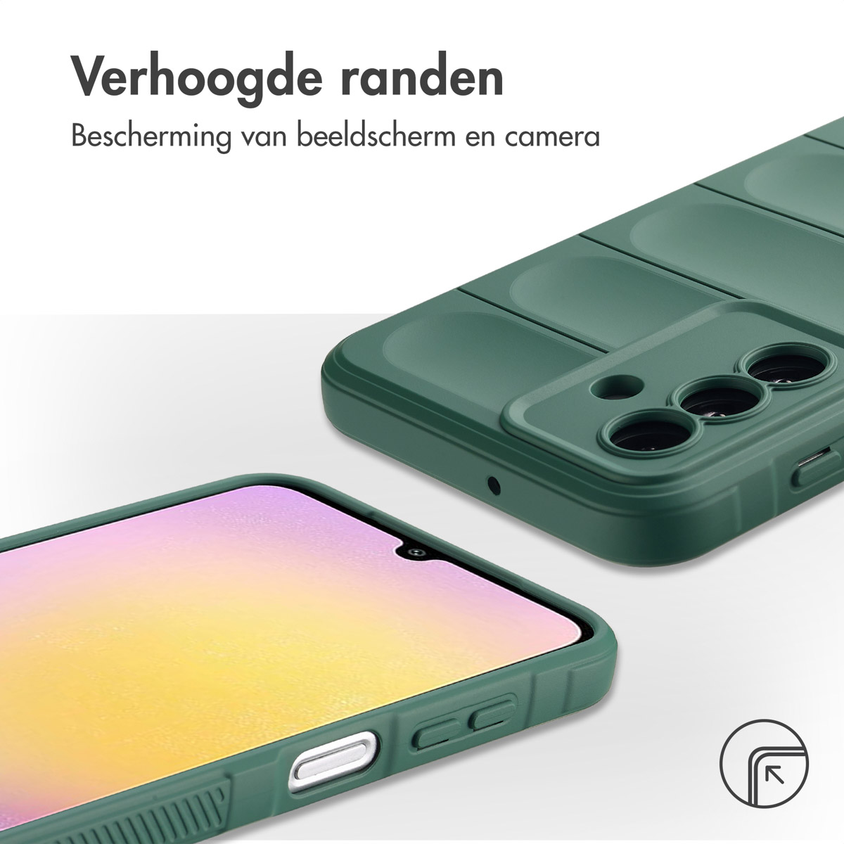 Coque verte avec bords surélevés. Écran et caméra protégés.