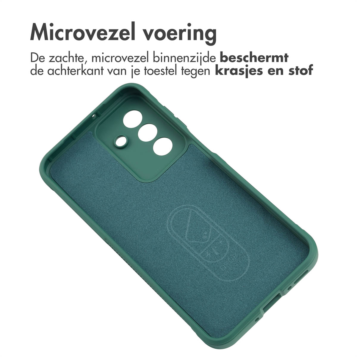Intérieur d'étui de téléphone vert. Microfibre verte douce. Texte en haut.