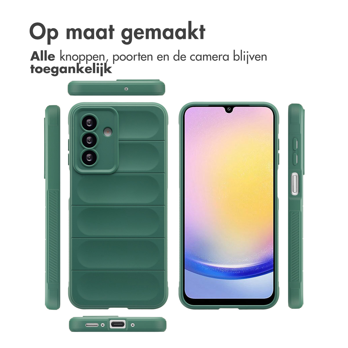 Un étui de téléphone vert montrant l'avant, l'arrière, le dessus, le dessous et les côtés.