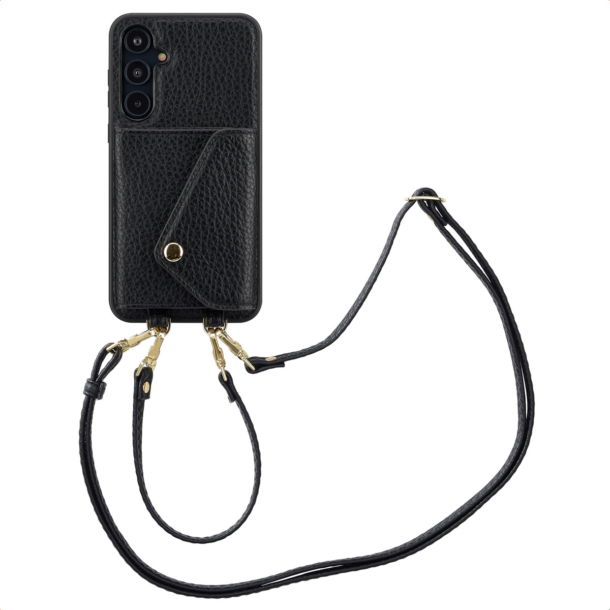 Coque noire avec lanière. Avec porte-cartes. Accessoires dorés.
