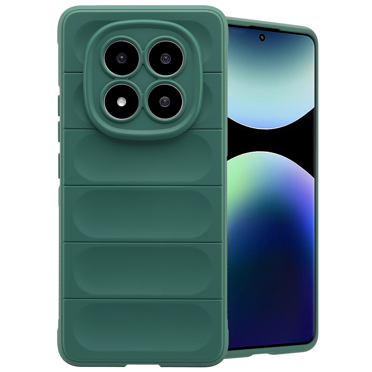 Groen telefoonhoesje op een telefoon. Vier cameracirkels aan de achterkant. Telefoonscherm is zichtbaar.