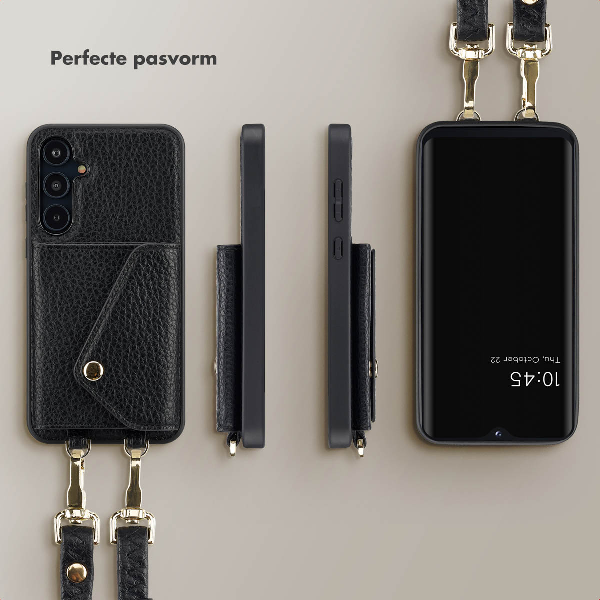 Coque de téléphone avec une sangle. Téléphone dans l'étui avec l'heure affichée.