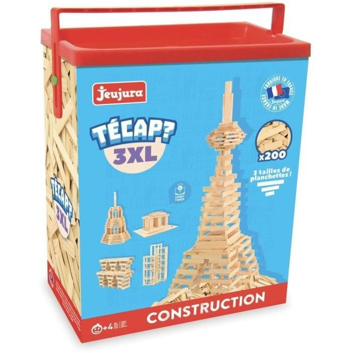 Zestaw zabawek konstrukcyjnych w pudełku z czerwoną pokrywą, klockami i konstrukcją podobną do Wieży Eiffla.