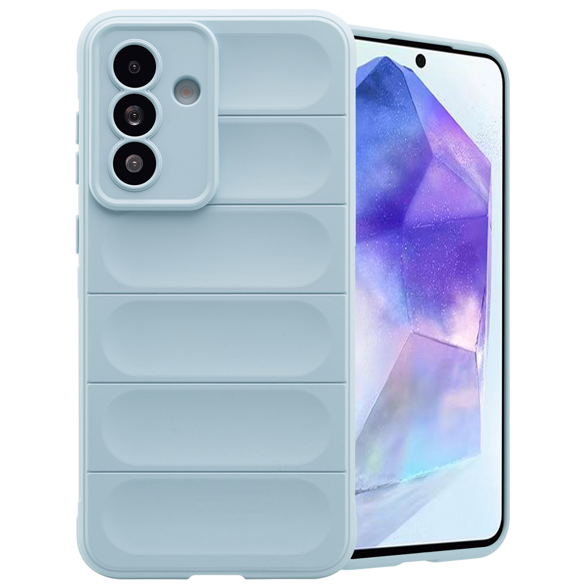 Een lichtblauwe telefoonhoes met een telefoon erin. De hoes heeft horizontale lijnpatronen.