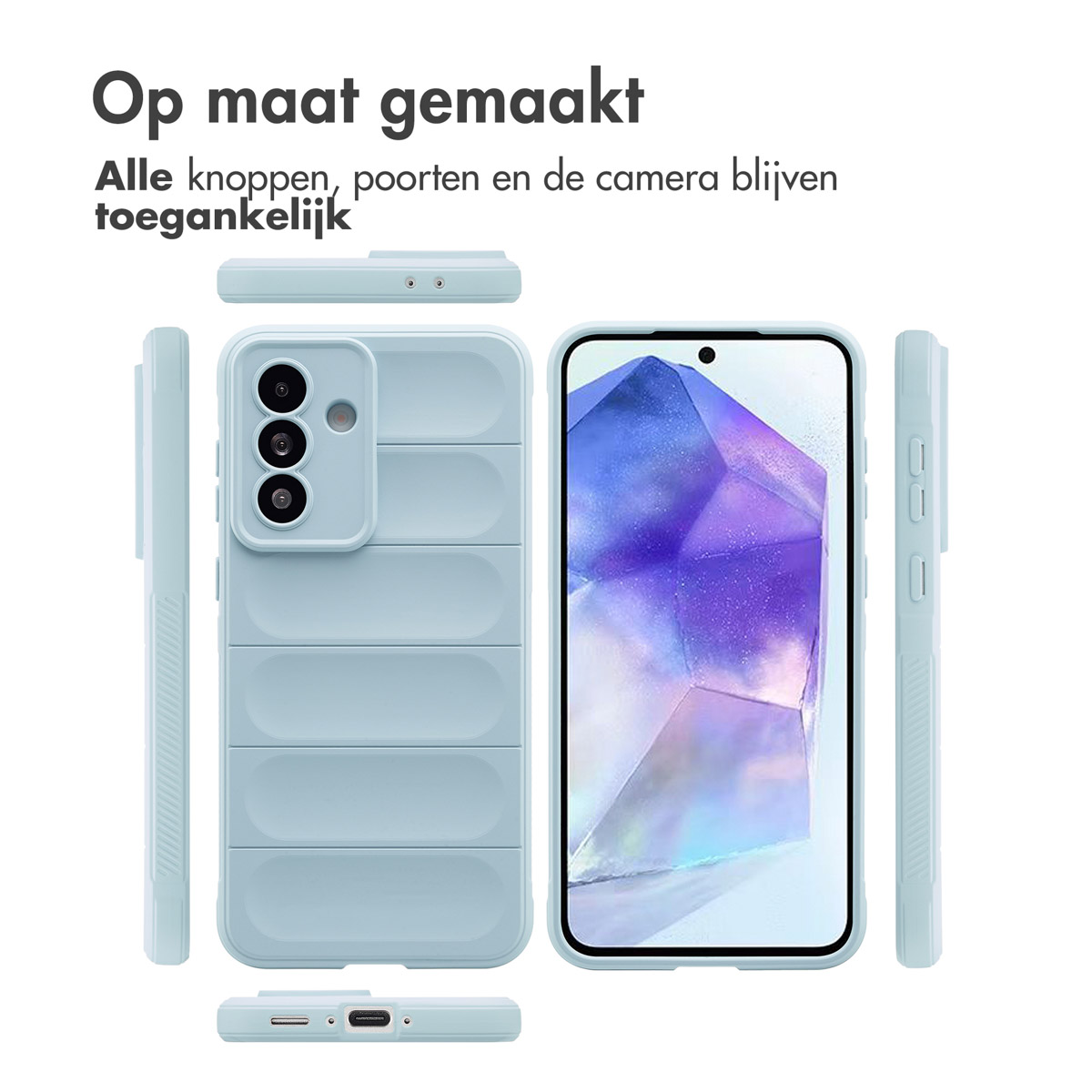 Telefoon in een lichtblauwe hoes. Hoes heeft een uniek ontwerp. Tekst: Op maat gemaakt. Alle knoppen toegankelijk.