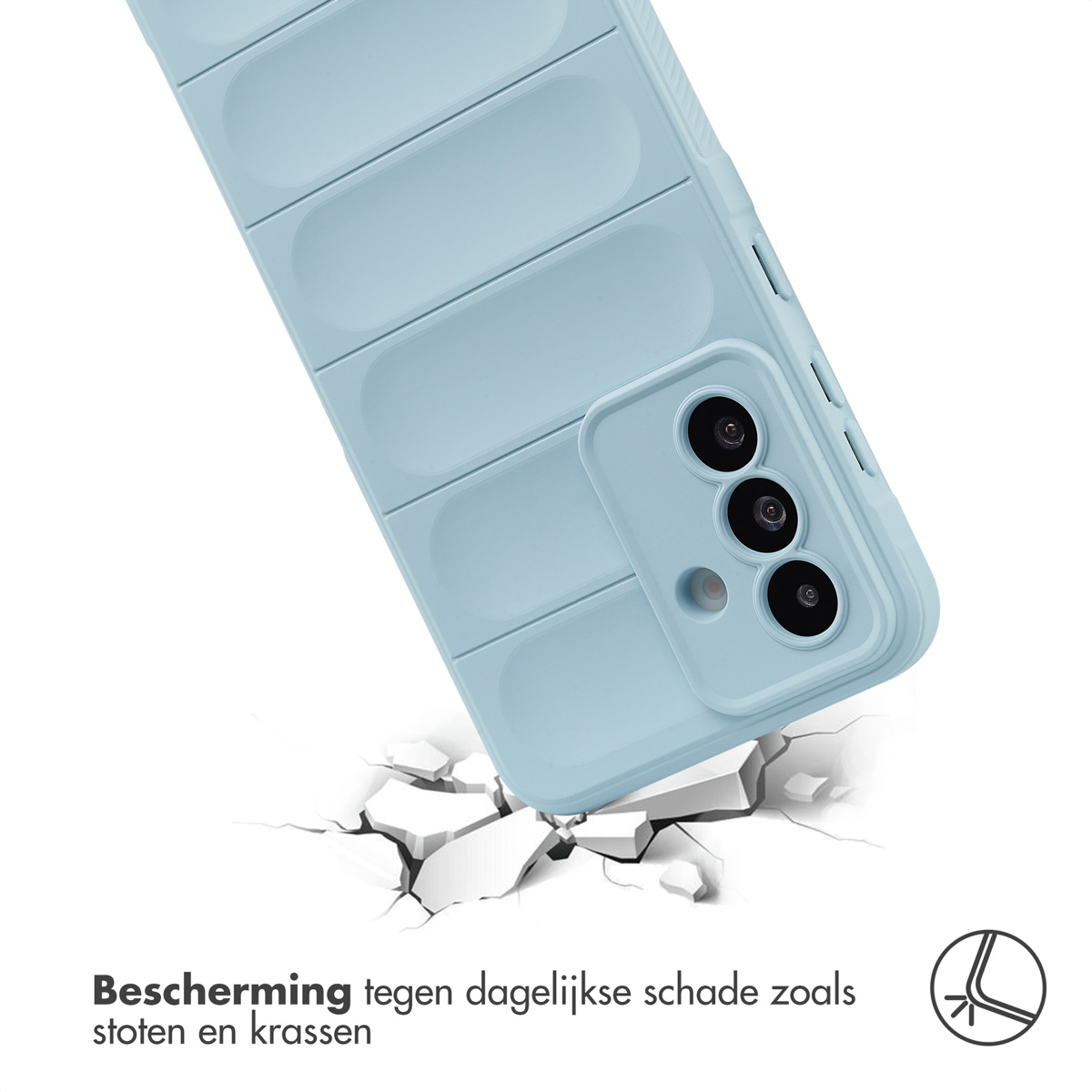 Lichtblauw telefoonhoesje op een gebarsten oppervlak. Tekst: Bescherming tegen dagelijkse schade.