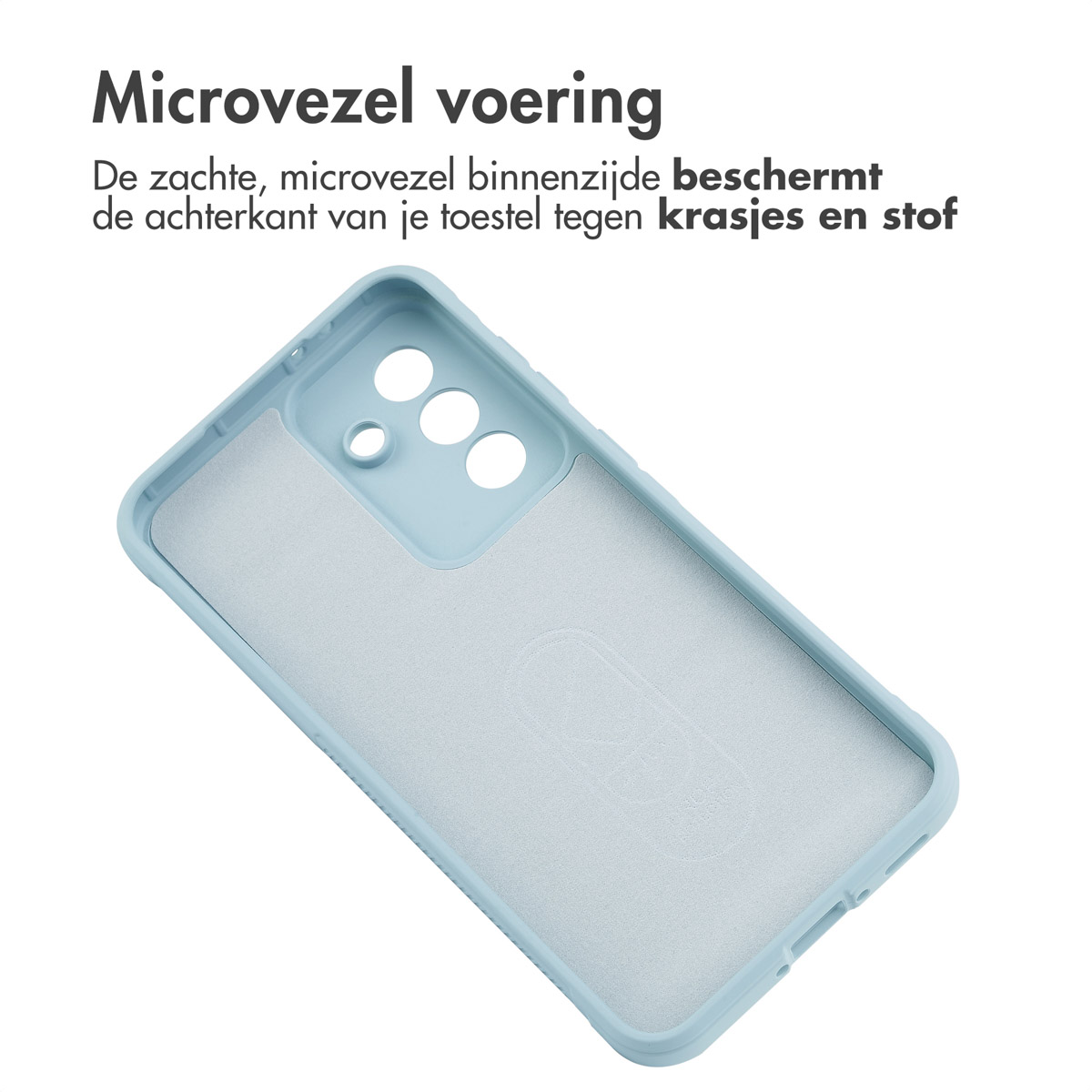 Een lichtblauw telefoonhoesje met een zachte microvezel binnenvoering.