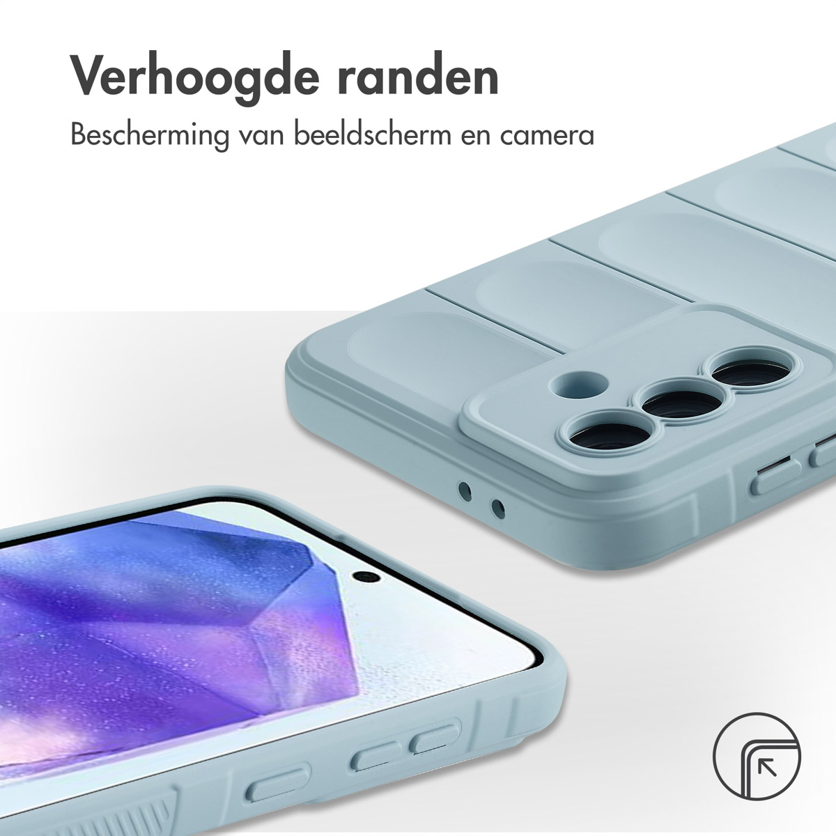 Close-up van een lichtblauwe telefoonhoes met een telefoon erin. De hoes heeft beschermende verhoogde randen.