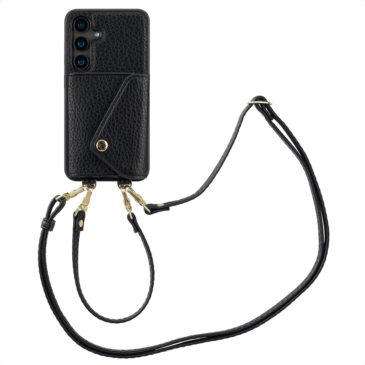 Een zwarte telefoonhoes met een flap en een riem. Het is een leren telefoonhoes met een kaarthouder.