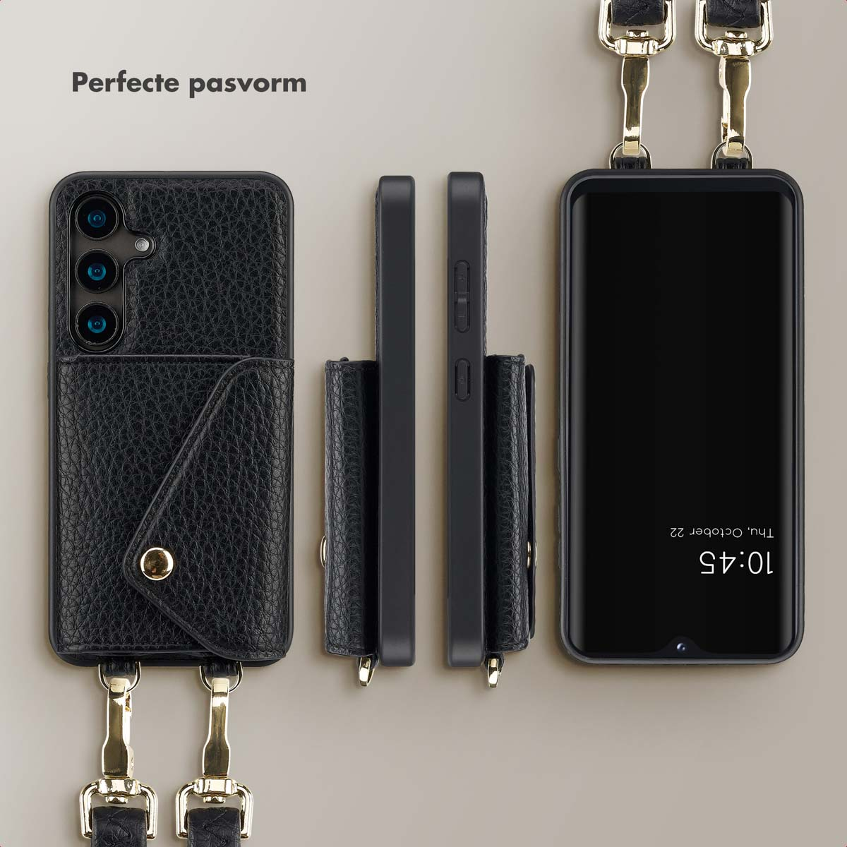 Zwart leren telefoonhoesje met een portemonnee. Drie perspectieven van de telefoonhoes.