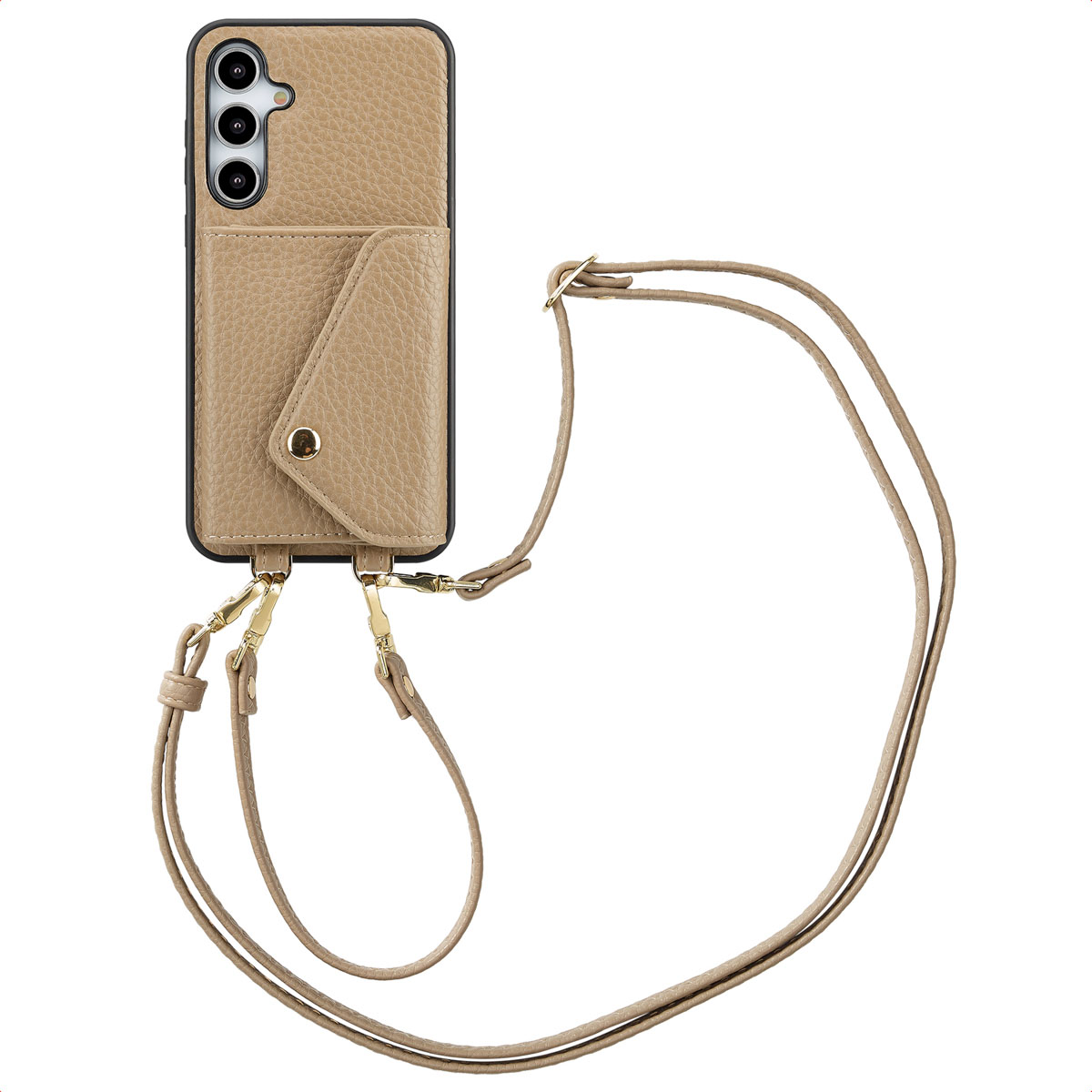 Étui de téléphone beige avec sangle et pochette attachées. Fond blanc.