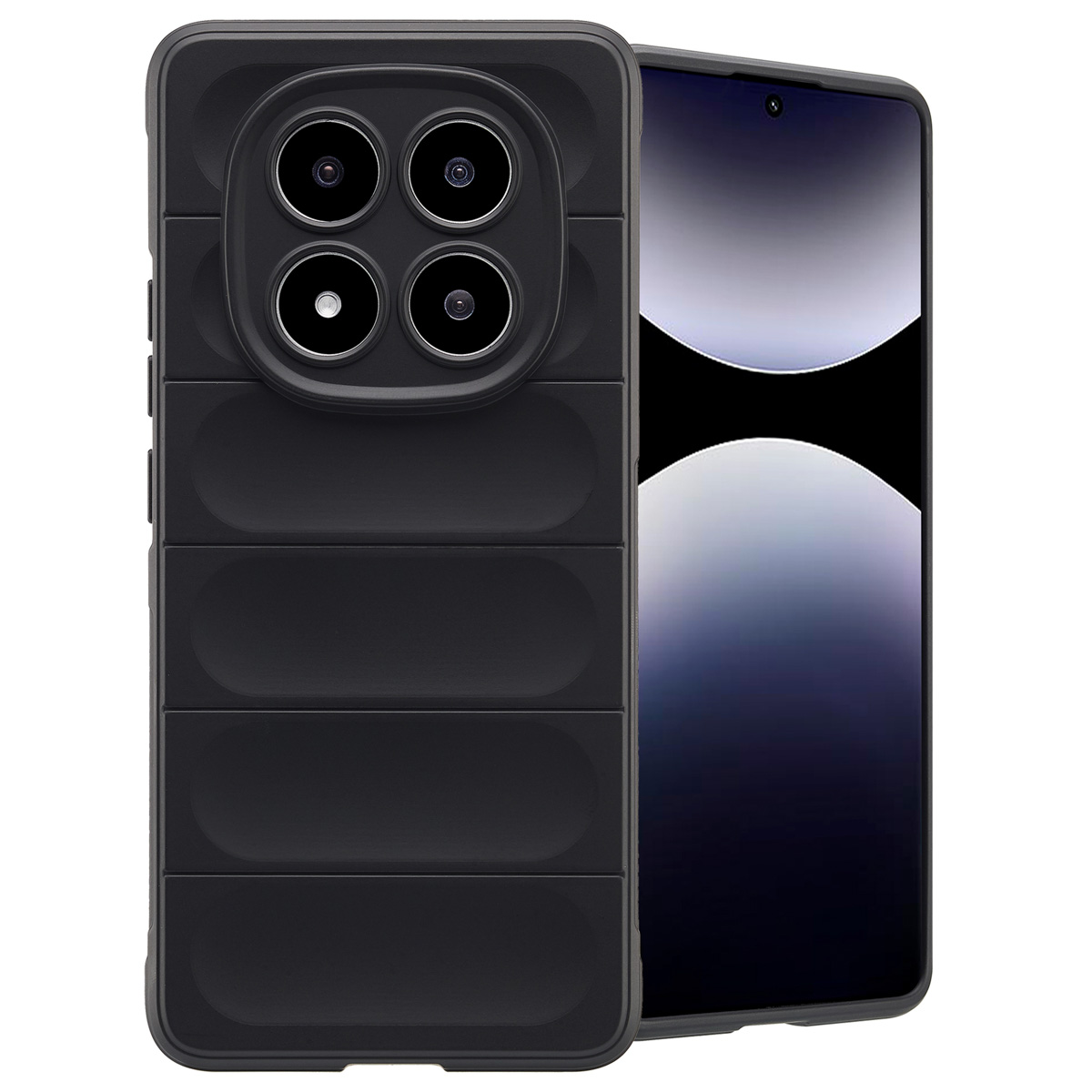 Zwarte telefoonhoes met een gewatteerd ontwerp, die de achterkant van de telefoon bedekt.
