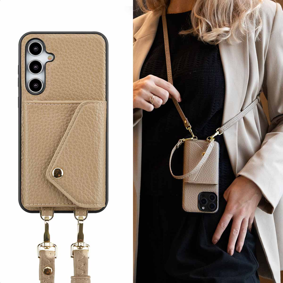 Étui de téléphone beige avec emplacements pour cartes et sangle assortie. Une personne le porte.