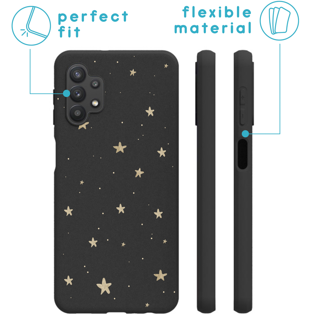 Custodia nera per telefono con stelle dorate. Caratteristiche: vestibilità perfetta e materiale flessibile. Frecce indicano dettagli.