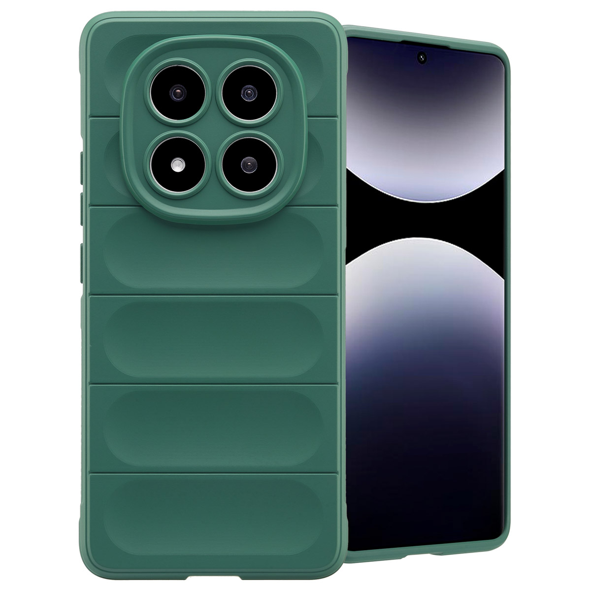 Groene telefoonhoes op een witte telefoon. De hoes heeft een gewatteerd ontwerp rond de camera en langs de achterkant.