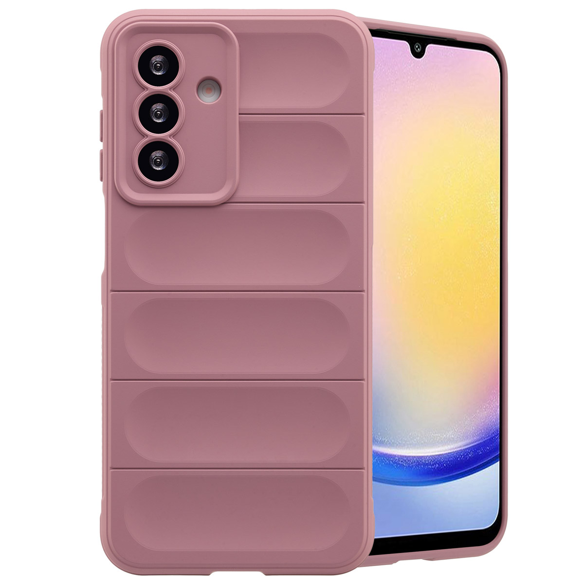 Coque de téléphone rose sur un téléphone avec écran. Fond blanc.