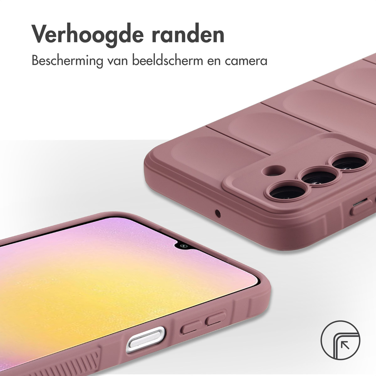 Coque de téléphone rose avec bords surélevés. Texte : Bords surélevés, protection de l'écran et de la caméra.