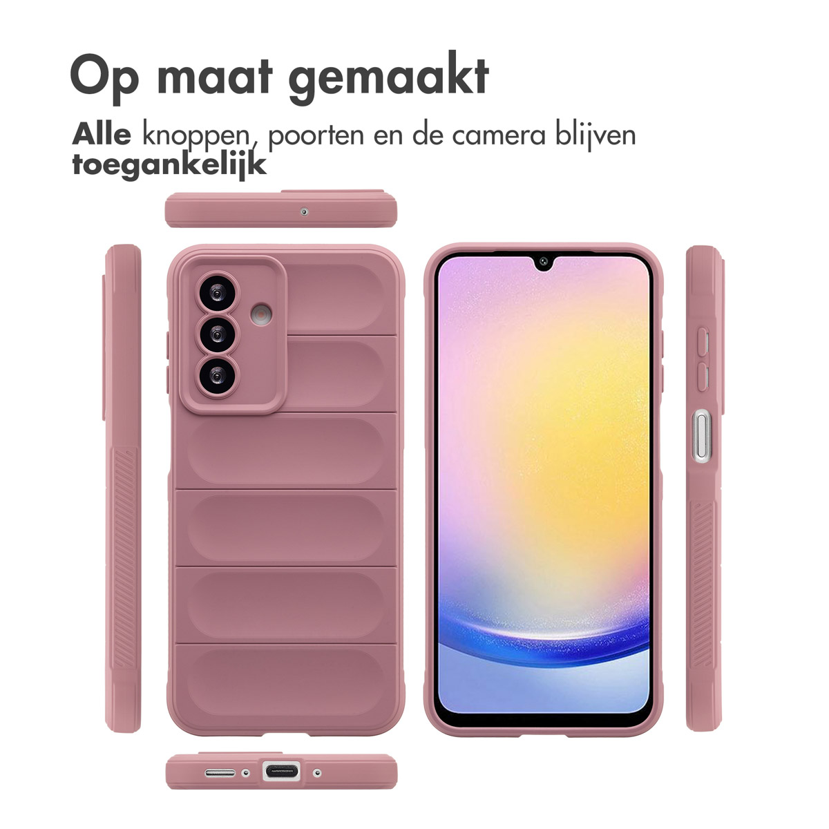 Une coque de téléphone rose avec un design protecteur, avec des découpes pour les boutons et l'appareil photo.