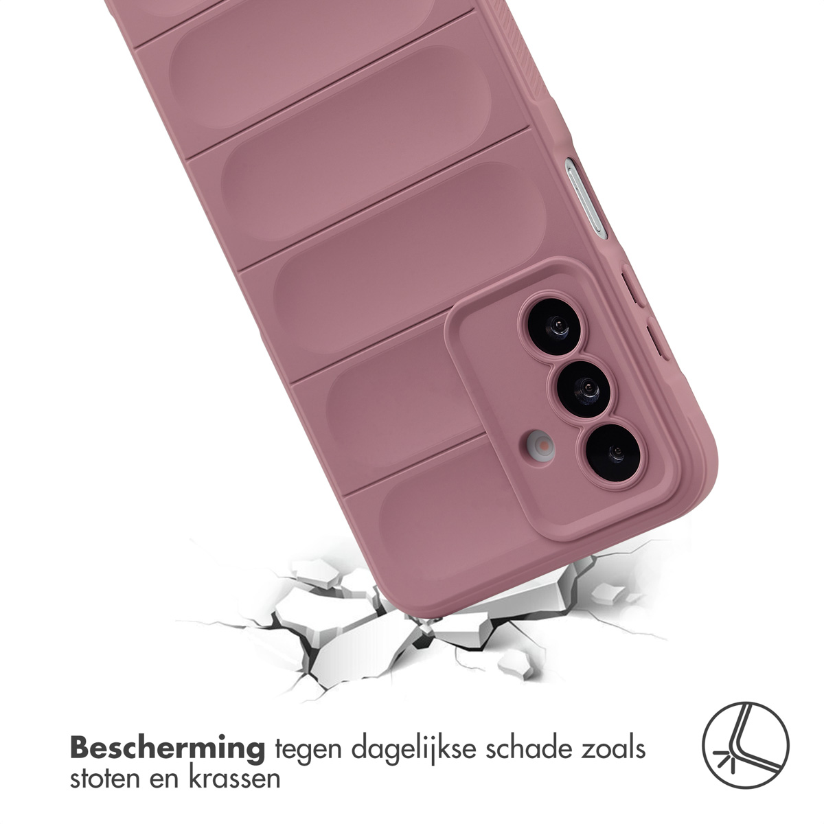 Coque de téléphone rose tombant sur une surface blanche, se brisant. Texte en bas avec un symbole.