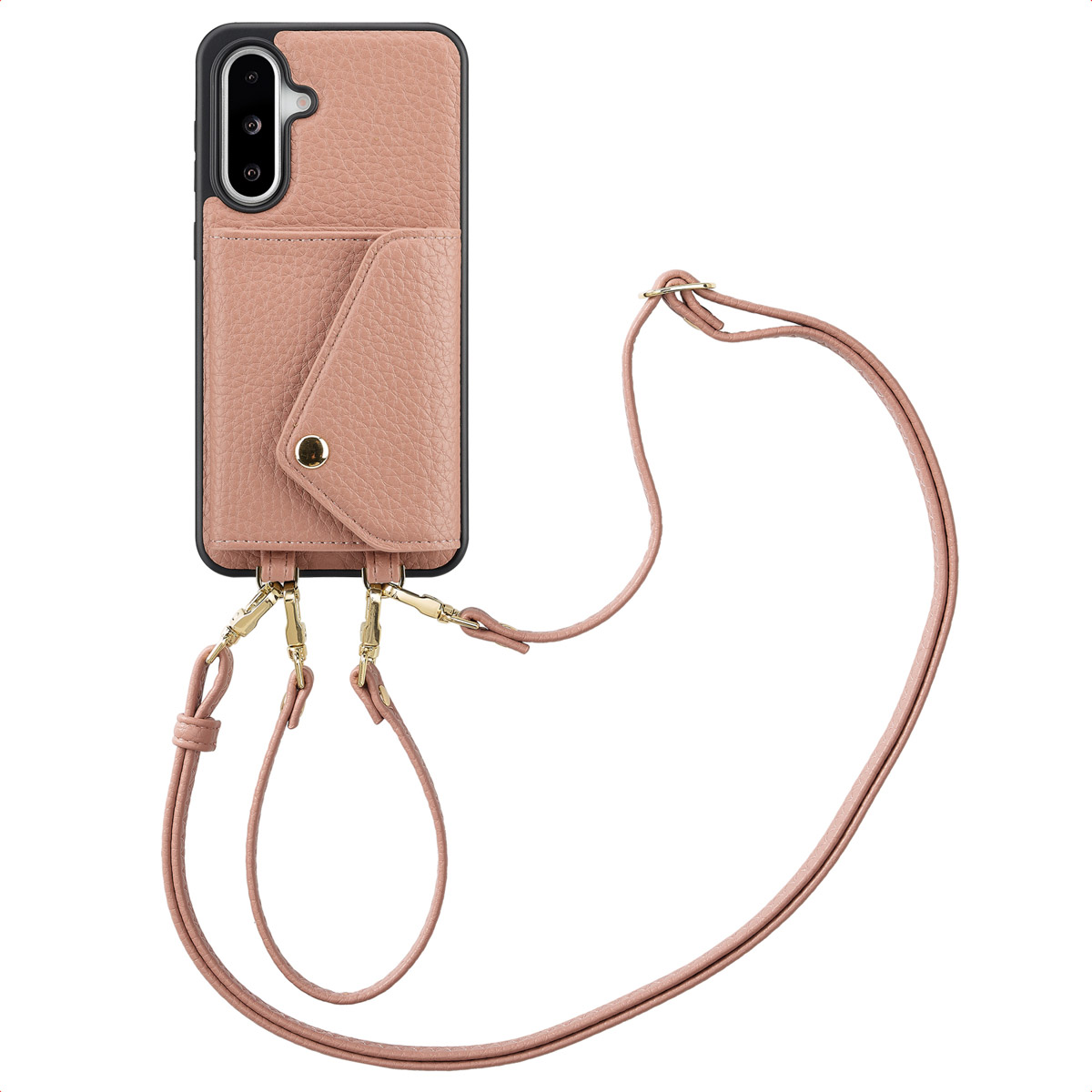 Roze telefoonhoes met een zakje en een bandje. Een telefoon zit in de hoes. Goudkleurige haken zijn zichtbaar.