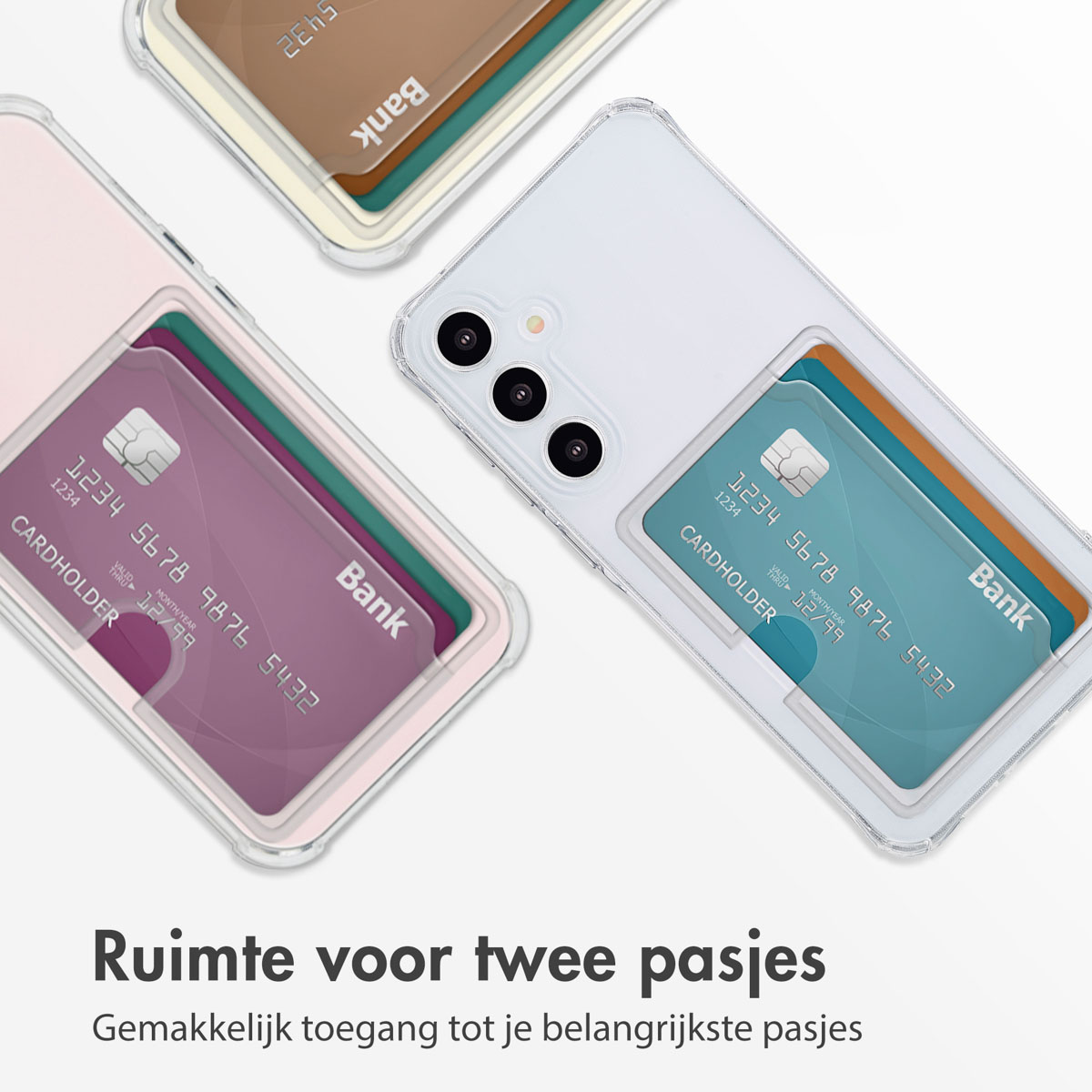 Phone cases with card slots. Three cases with cards, in pink, white, and brown.