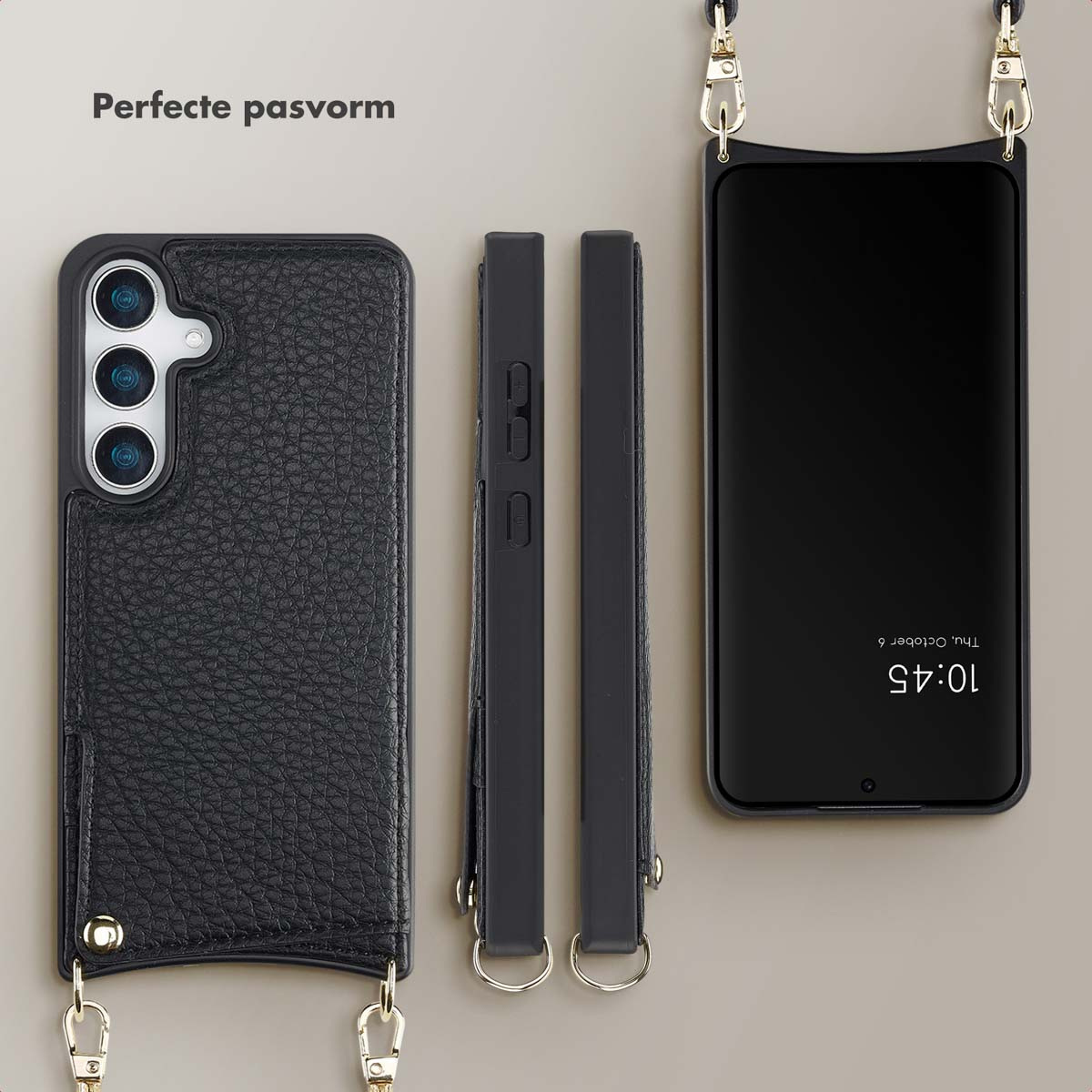 Telefono e custodia neri con cinturino. La custodia del telefono è strutturata. Viene visualizzato anche un cinturino aggiuntivo.