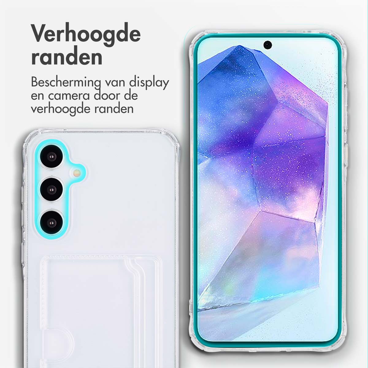 Clear phone case, displaying the phone with a blue and purple background. The case has raised edges.