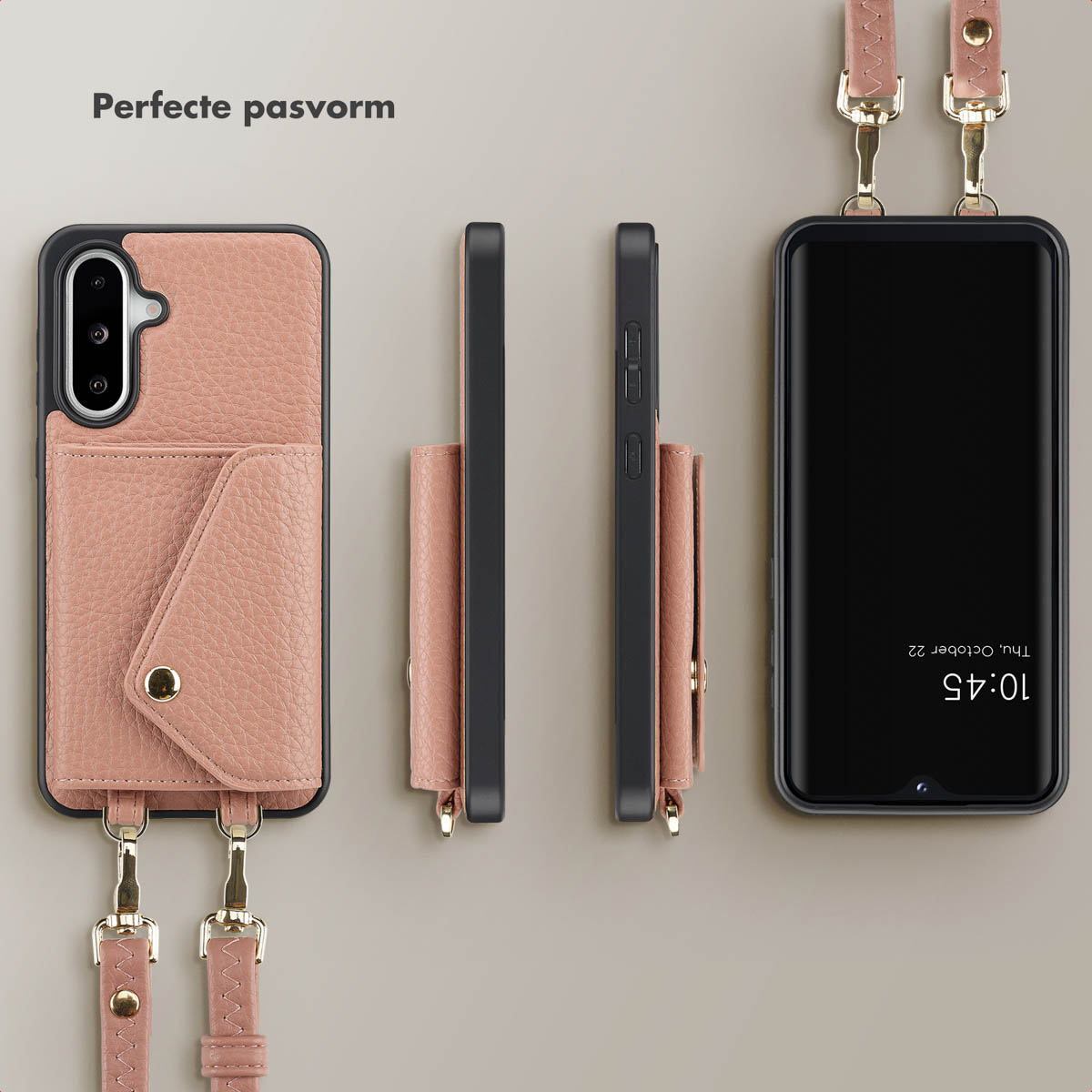 Roze telefoonhoesje met portemonnee en riem, vanuit verschillende hoeken bekeken.