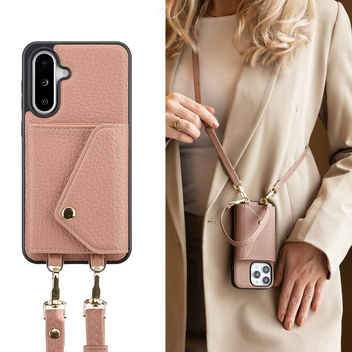 Vrouw houdt roze telefoonhoes met riem vast. Telefoon in hoesje.