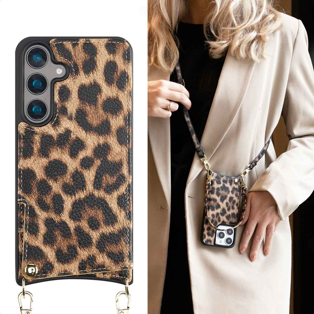 Custodia con stampa leopardata e cinturino. La donna la indossa a tracolla. Cappotto beige sullo sfondo.