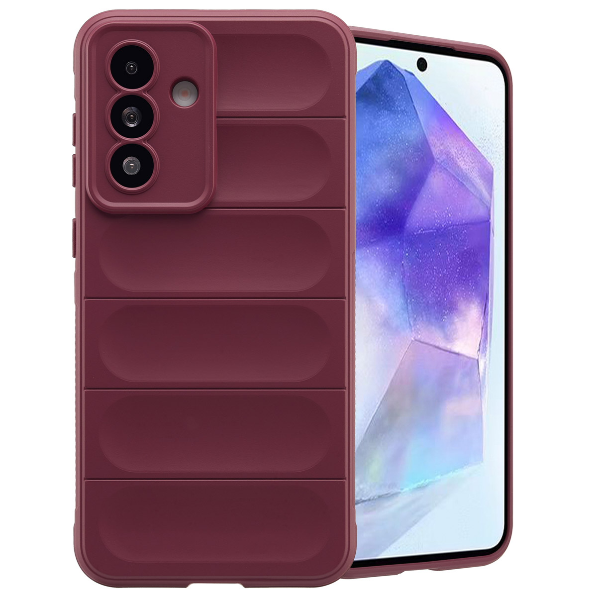 Une coque de téléphone bordeaux avec un design côtelé au dos et un téléphone avec écran en cristal.