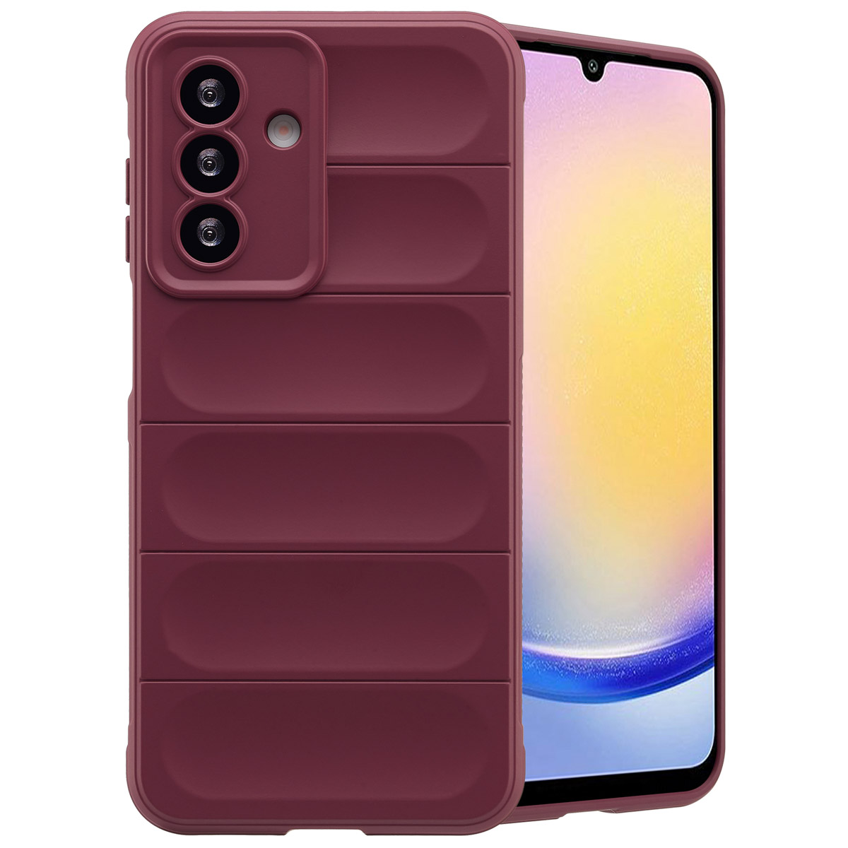 Een bordeauxrode telefoonhoes met een telefoon erin. De hoes heeft horizontale lijnpatronen.