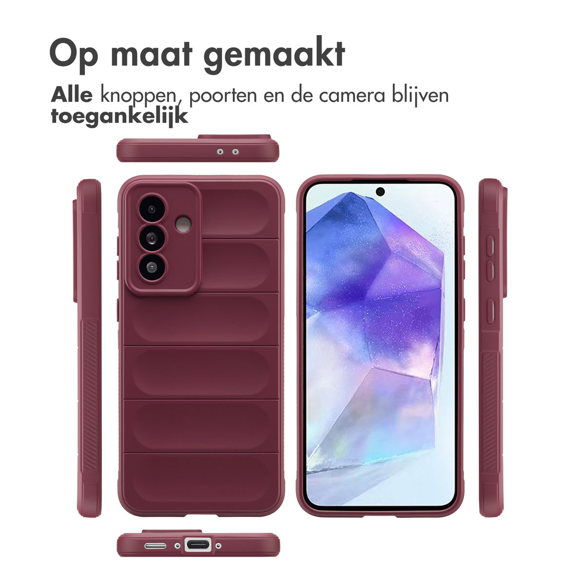 Coque de téléphone bordeaux avec un design matelassé. Le téléphone et la coque sont affichés sous plusieurs angles.